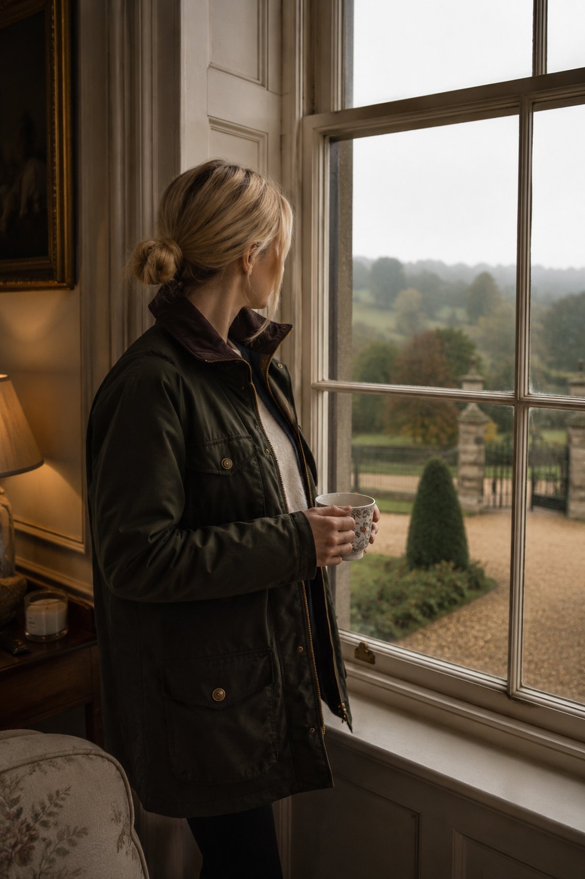 Rebecca Lovat at a country house window